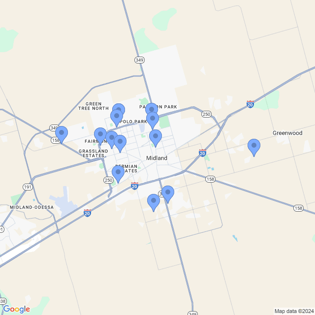 Map of veterinarians in Midland, TX