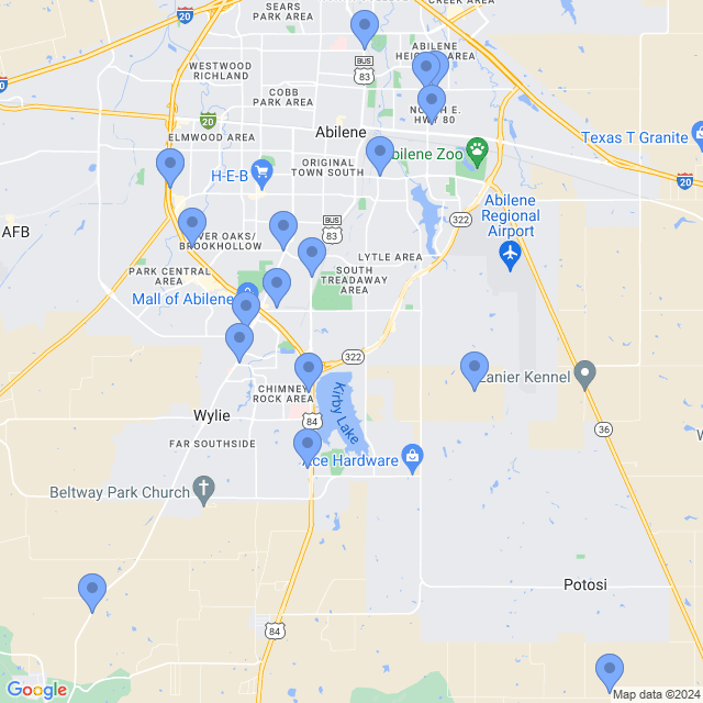 Map of veterinarians in Abilene, TX