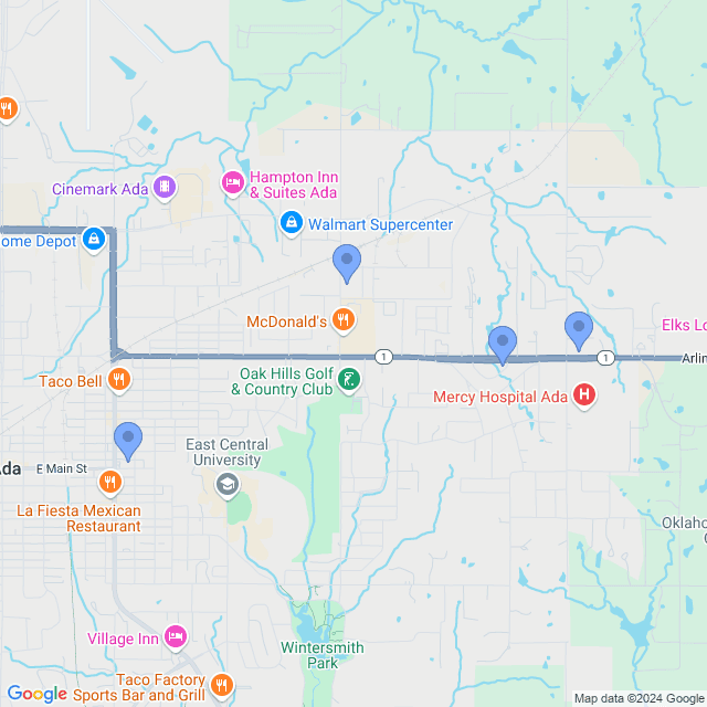 Map of veterinarians in Ada, OK