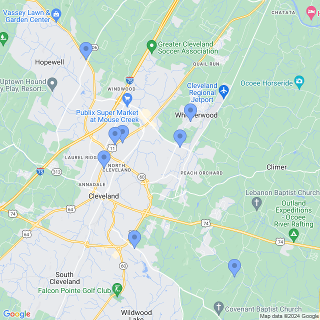 Map of veterinarians in Cleveland, TN