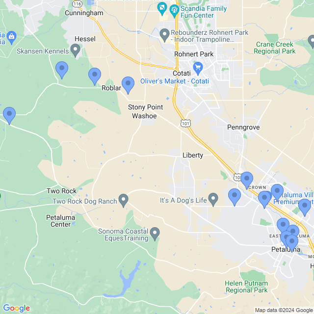 Map of veterinarians in Petaluma, CA