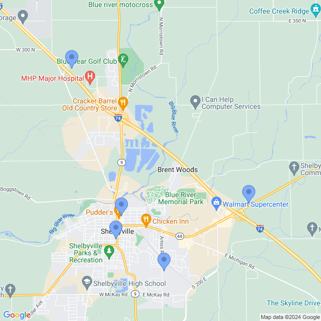 Map of veterinarians in Shelbyville, IN