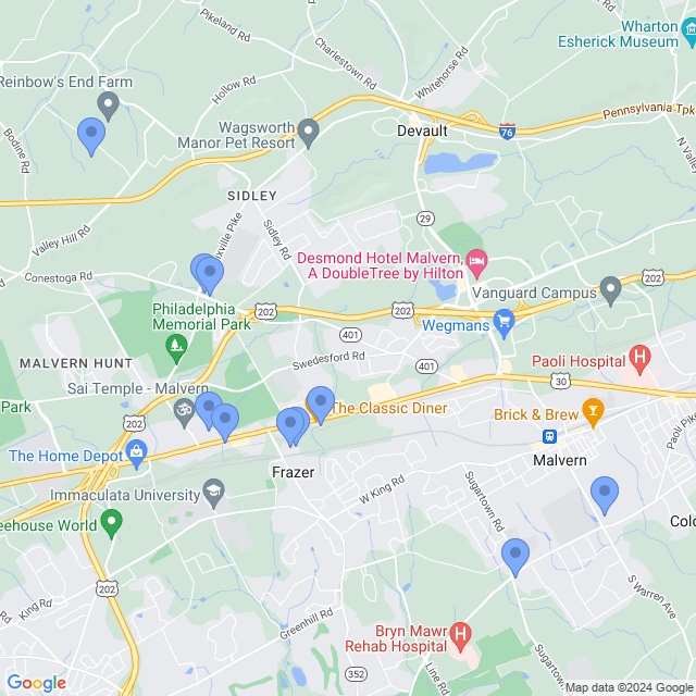 Map of veterinarians in Malvern, PA