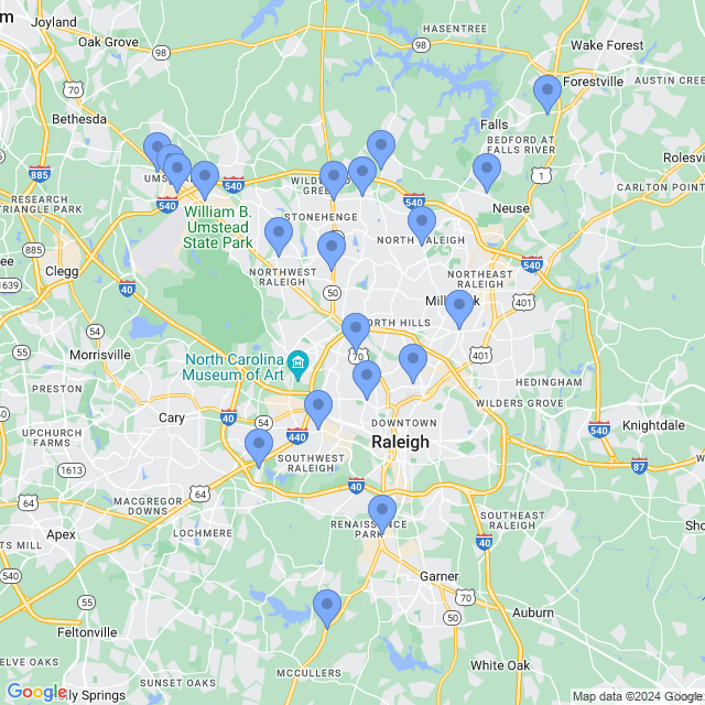 Map of veterinarians in Raleigh, NC