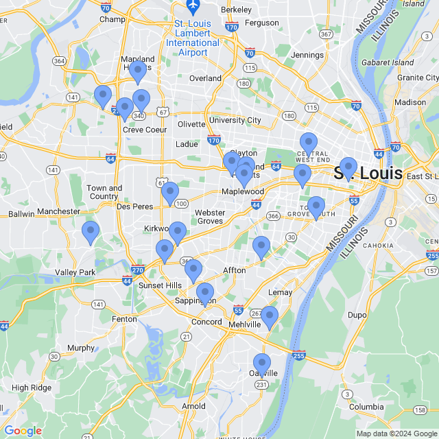 Map of veterinarians in St Louis, MO