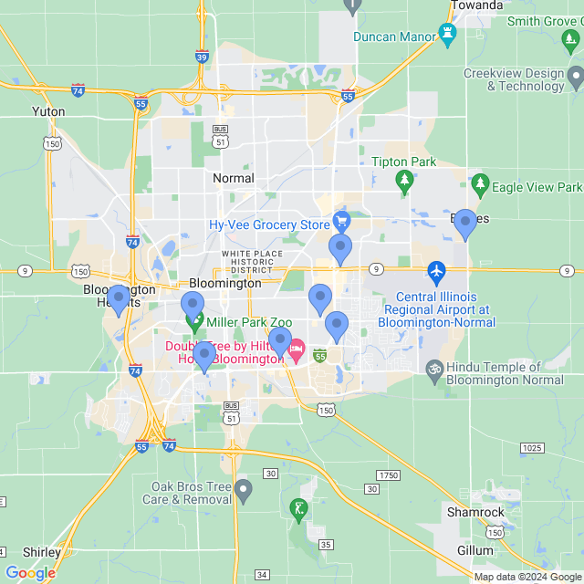 Map of veterinarians in Bloomington, IL