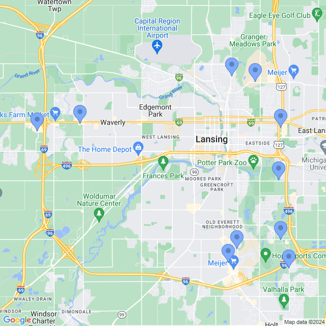 Map of veterinarians in Lansing, MI