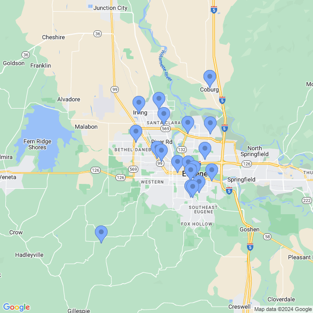 Map of veterinarians in Eugene, OR